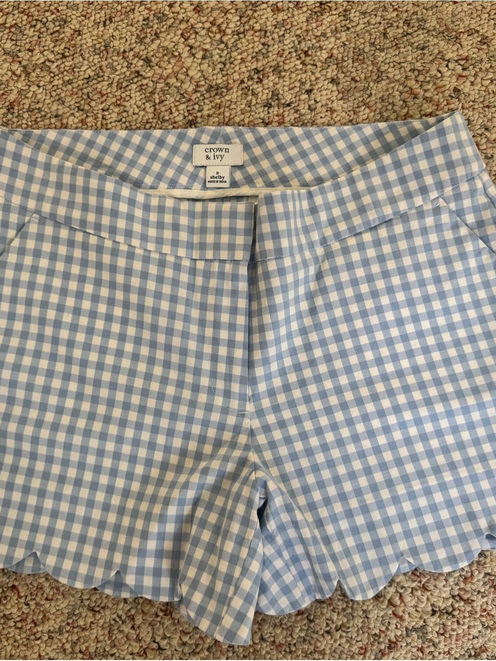 crown & ivy Light Blue and White Gingham High Waist Scallop Shorts
